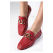 Mio Gusto Dakota Genuine Leather Red Color Chain Accessory Flat Toe Women's Loafer Shoes