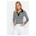 Trendyol Black Striped Soft Fabric Fitted Polo Neck Buttoned Stretchy Knitted Blouse