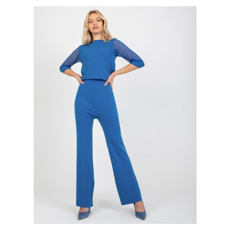 Navy blue knit trousers with a wide leg