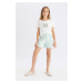 DEFACTO Girls Pajama Set Crew Neck Printed Short Sleeve Top Shorts