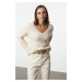 Trendyol Stone Wide Pattern Deep V Neck Knitwear Sweater