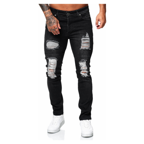 Pánske čierne roztrhané džínsy slim fit RJ-5122 - Černá