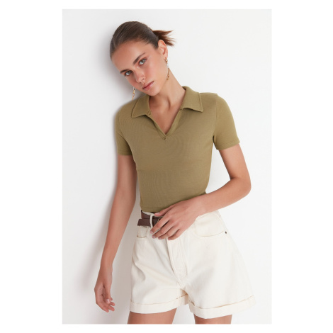 Trendyol Khaki Fitted Crop Polo Neck Corduroy Knitted Blouse with a Stretch