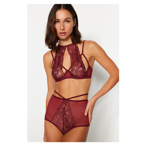 Trendyol Burgundy Lace Barbell Neck Piping Detailed Capless Knitted Underwear Set
