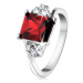 Prsteň v striebornej farbe, obdĺžnikový červený zirkón, číre zirkóniky - Veľkosť: 54 mm