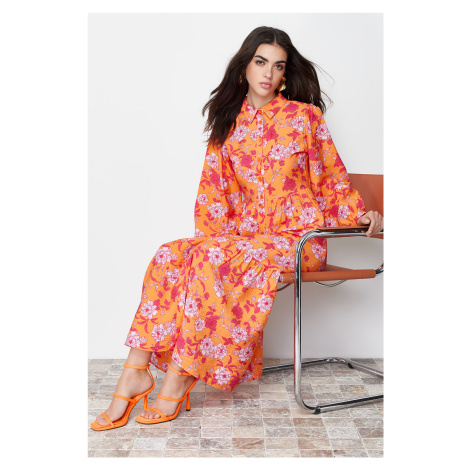 Trendyol Orange Floral Pattern Woven Shirt Dress