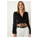 Happiness İstanbul Black Deep V Neck Crop Velvet Blouse