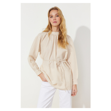 Trendyol Beige Belted Woven Seersucker Check Tunic