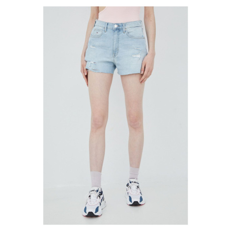Rifľové krátke nohavice Tommy Jeans dámske, jednofarebné, vysoký pás