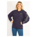 Şans Women's Plus Size Navy Blue Cotton Sweatshirt with Appliqued Sleeves