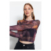 Trendyol Black Printed Tulle Fitted Crop Stretchy Knitted Blouse