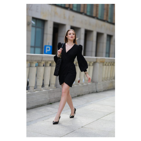 Black wrap dress with puffed sleeves FASARDI