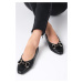 Mio Gusto Aretha Black Color Women's Flat Shoes with Flat Toes with Chain Accessories.