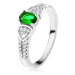 Prsteň s oválnym zeleným zirkónom, trojuholníky, číre kamienky, striebro 925 - Veľkosť: 50 mm