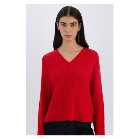 DEFACTO Relax Fit V Neck Hair Knitted Sweater Red Sweater