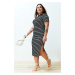 Trendyol Curve Black-White Striped Polo Neck Knitted Dress