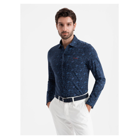 Ombre Men's cotton shirt with floral motif - navy blue