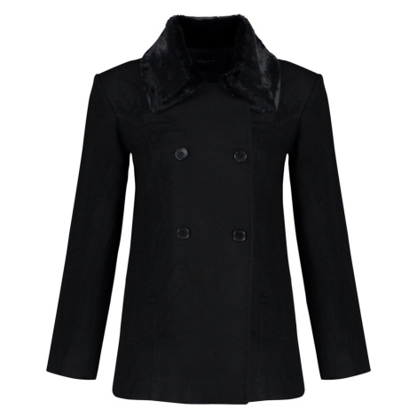 Trendyol čierny kožušinový golier detailný vlnený kabát