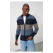 Trendyol Navy Blue Slim Wool Half Turtleneck Color Block Knitwear Cardigan