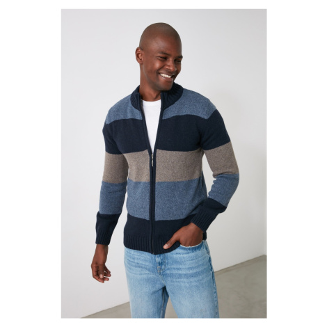 Trendyol Navy Blue Slim Wool Half Turtleneck Color Block Knitwear Cardigan