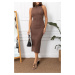 armonika Women's Coffee With a Slit in the Back Halter Collar Pencil Dress