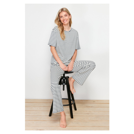 Trendyol Black-White Cotton Striped Ribbed Knitted Pajamas Set