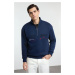 Trendyol Indigo Oversize/Wide Cut Text Embroidered Polar Fleece Inside Stand Collar Zippered Swe