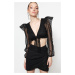 Trendyol Black Crop Lined Lace Blouse with Piping