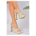 Fox Shoes Women's Beige Fabric Platform Heels Slippers