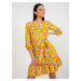 Dark yellow floral dress with tie and ruffle