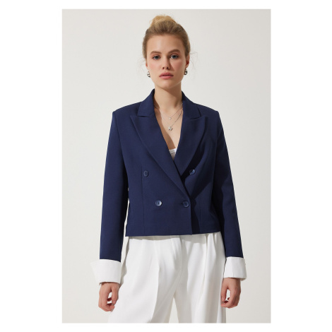 Happiness İstanbul Women's Navy Blue Contrast Cuffed Short Blazer Jacket