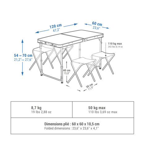 Skladací kempingový stôl a 4 sedačky pre 4 až 6 osôb QUECHUA