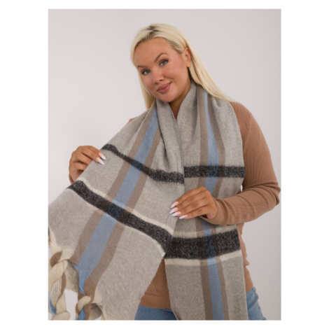 Grey warm women's scarf made of thick knitted fabric with fringe