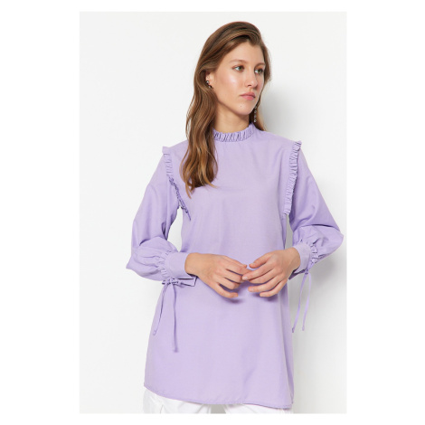 Trendyol Lilac Woven Cotton Tunic with Ruffle Shoulder and Cuff