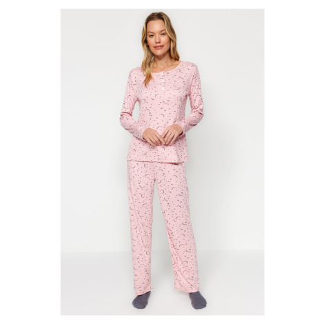 Trendyol Pink Galaxy Pattern T-shirt-Pants and Knitted Pajamas Set