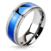 Oceľový prsteň - modrý pruh v strede, vrubkované okraje - Veľkosť: 73 mm