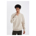 DEFACTO Beige Oversize Fit Wide Mold Crew Neck Thick Fabric Basic Plain Sweatshirt