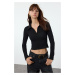 Trendyol Black Premium Textured Fabric Polo Neck Fitted Crop Knitted Blouse