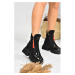 Fox Shoes Black Suede Women's Boots with a Thick Sole