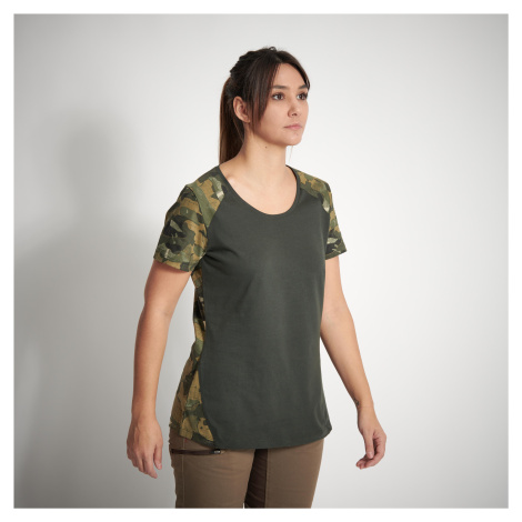 Dámske poľovnícke bavlnené tričko 300 s krátkym rukávom zelené maskovanie SOLOGNAC