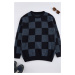 Trendyol Navy Blue FL Men's Oversize Crew Neck Plaid / Checkered Knitwear Sweater