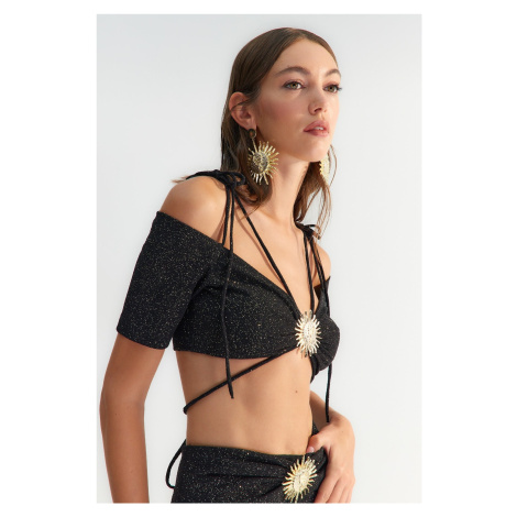 Trendyol X Zeynep Tosun Čierne slnečné okuliare Doplnok Podrobné trblietavé pletené bustier