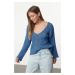 Trendyol Dark Blue Wool Wide Fit Crop Basic Knitwear Sweater