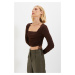 Trendyol Brown Square Neck Gathered Detailed Fitted/Situated Crop Elastic Knitted Blouse