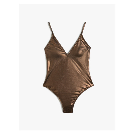 Koton V-Neck Swimsuit with Thin Straps Glossy Coated