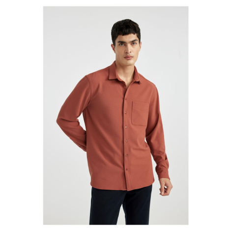 DEFACTO Regular Fit Polo Collar Crinkle Basic Plain Long Sleeve Shirt