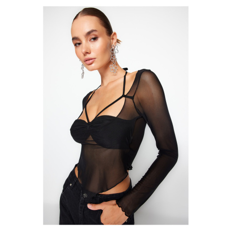 Trendyol Black Cut Out/Window Detailed Tulle Blouse