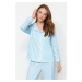 Trendyol Blue Stripe Patterned Piping and Fleece Lined Shirt-Pants Knitted Pajama Set