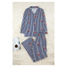 Trendyol Curve Navy Blue Striped Teddy Bear Patterned Shirt Collar Knitted Pajama Set