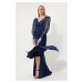 Lafaba Women's Navy Blue Double Breasted Collar Silvery Long Satin Evening Dress